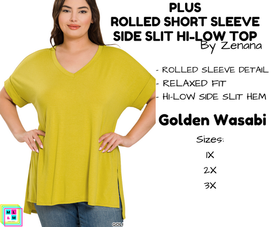 PLUS Rolled Short Sleeve Side Slit Hi-Low Top - Golden Wasabi