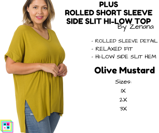 PLUS Rolled Short Sleeve Side Slit Hi-Low Top - Olive Mustard