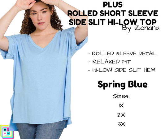 PLUS Rolled Short Sleeve Side Slit Hi-Low Top - Spring Blue