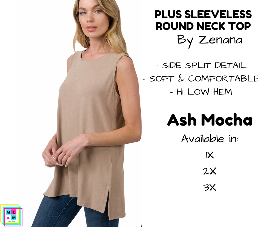 PLUS Sleeveless Round Neck Top - Ash Mocha