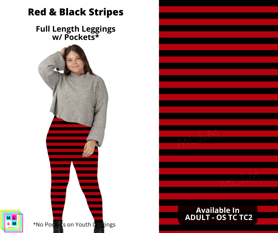 Red & Black Stripes Full Length Leggings w/ Pockets