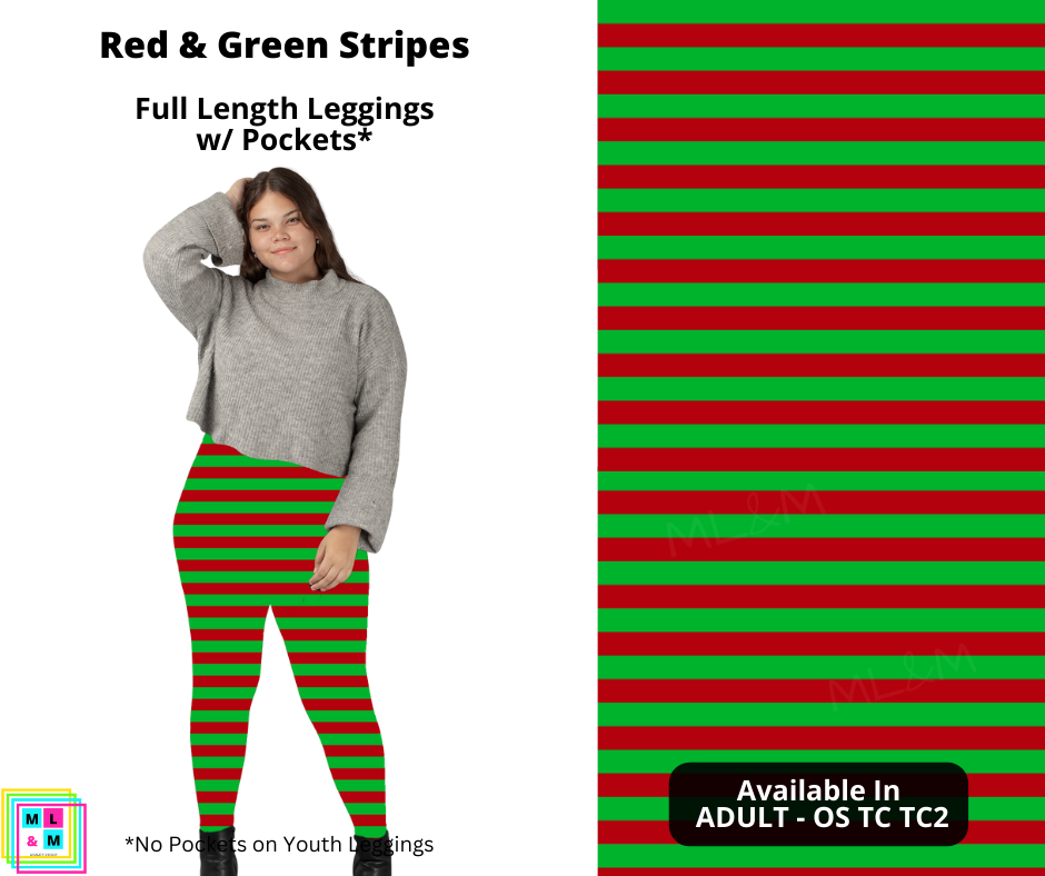 Red & Green Stripes Full Length Leggings w/ Pockets