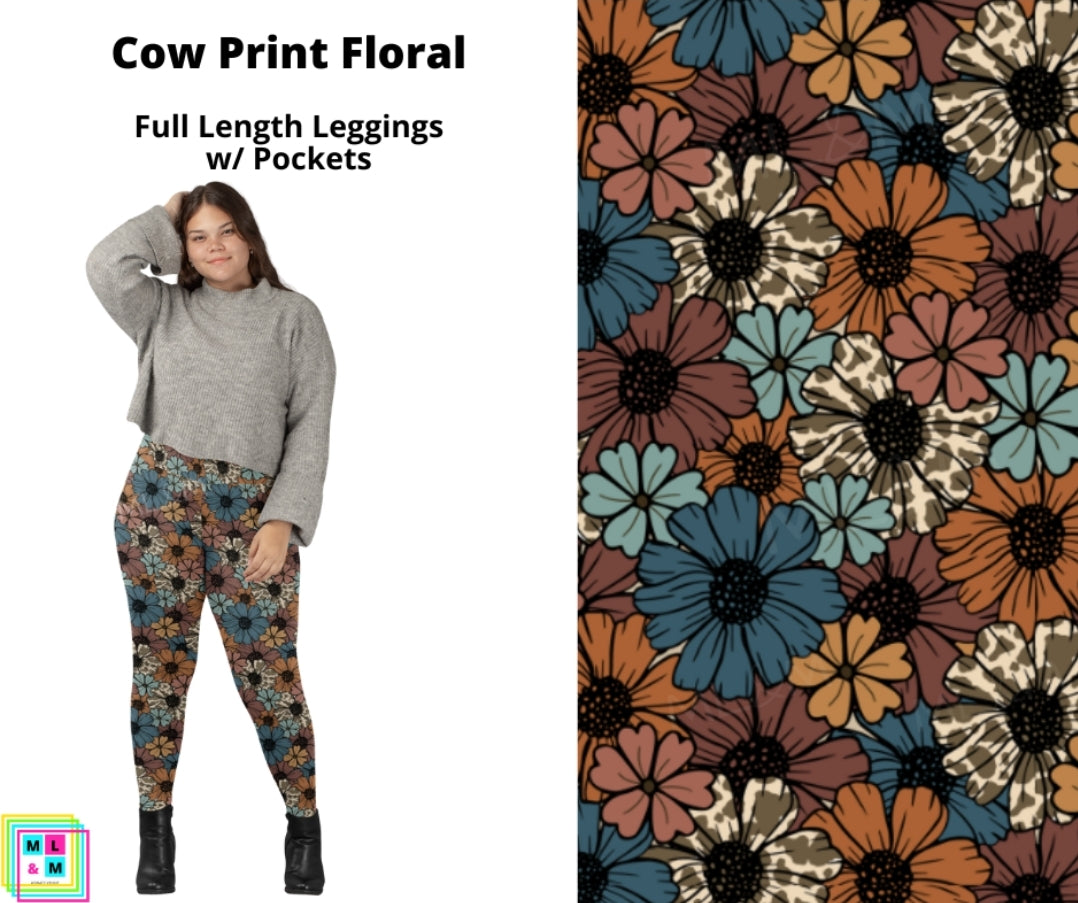 Cow Print Floral Full Length Leggings w/ Pockets