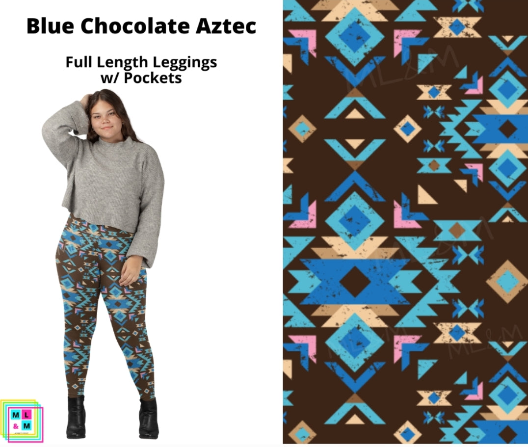 Blue Chocolate Aztec Full Length Leggings w/ Pockets