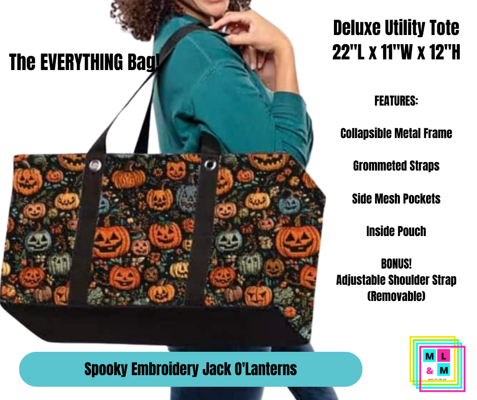 Spooky Embroidery Jack O'Lanterns Collapsible Tote