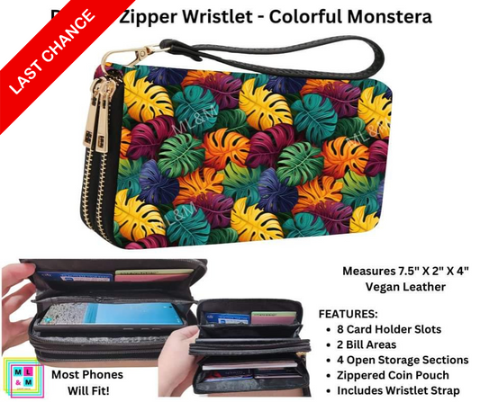 Colorful Monstera Double Zipper Wristlet