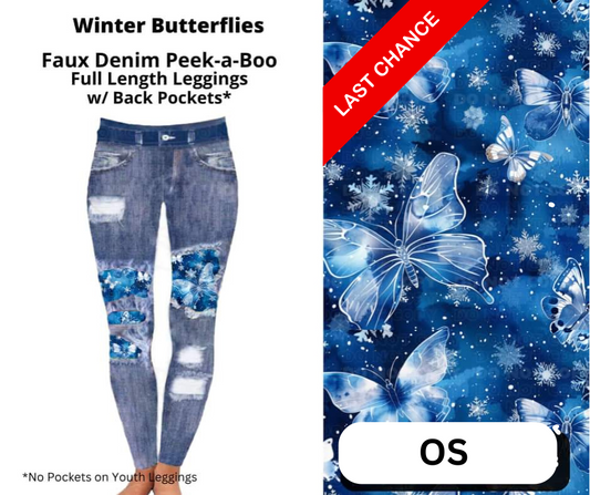 Winter Butterflies Faux Denim Full Length Peekaboo Leggings