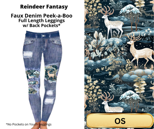 Reindeer Fantasy Faux Denim Full Length Peekaboo Leggings