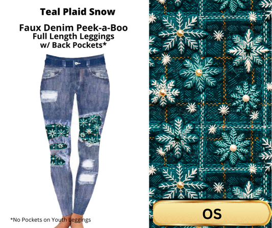 Teal Plaid Snow Faux Denim Full Length Peekaboo Leggings