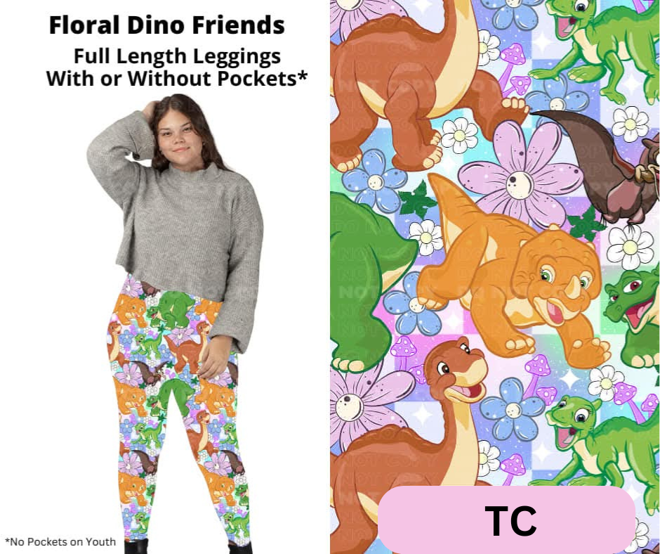 Floral Dino Friends Full Length Leggings w/ Pockets