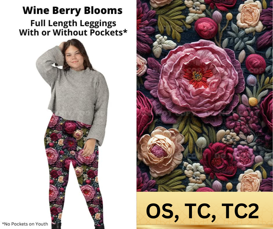 Wine Berry Blooms Full Length Leggings w/ Pockets