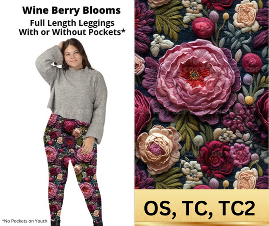 Wine Berry Blooms Full Length Leggings w/ Pockets