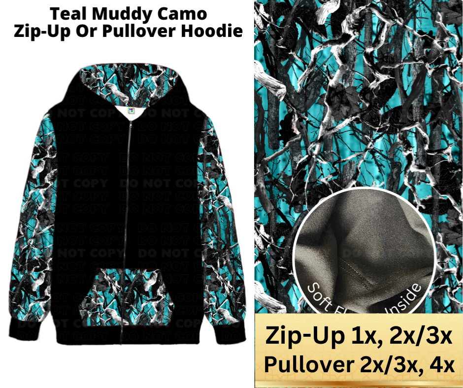 Teal Muddy Camo Zip-Up or Pullover Hoodie