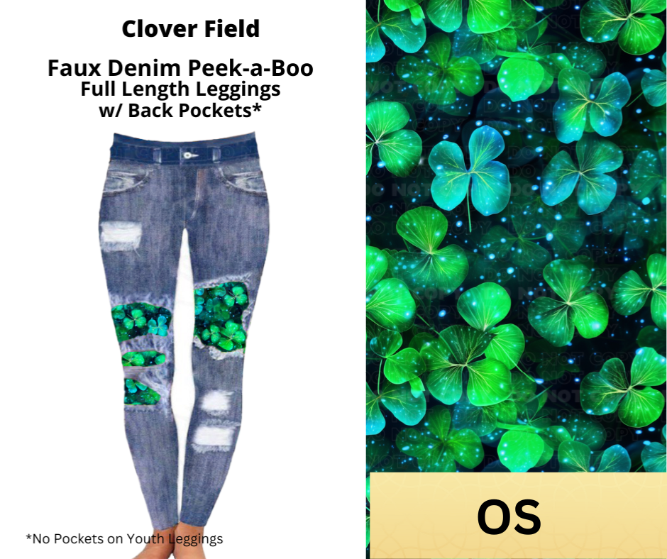 Preorder Extras! ETA March. Clover Field Faux Denim Full Length Peekaboo Leggings