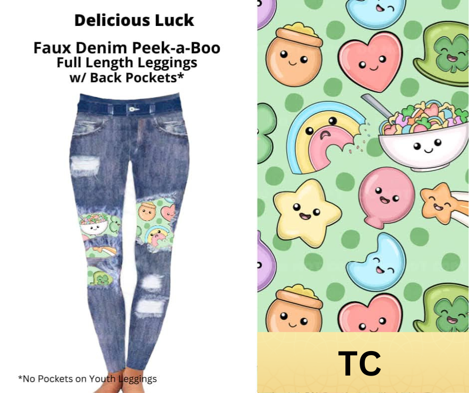 Preorder Extras! ETA March. Delicious Luck Faux Denim Full Length Peekaboo Leggings