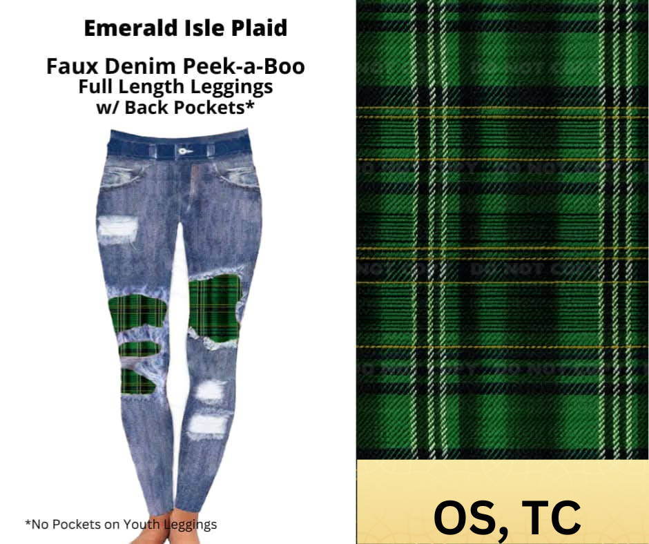 Preorder Extras! ETA March. Emerald Isle Plaid Faux Denim Full Length Peekaboo Leggings