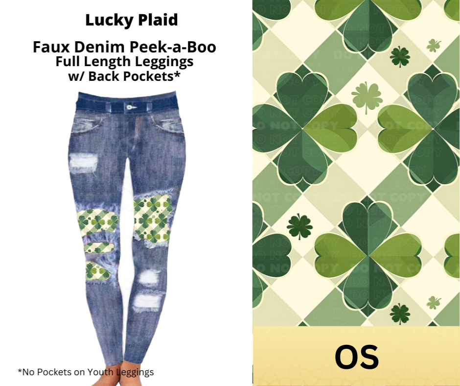 Preorder Extras! ETA March. Lucky Plaid Faux Denim Full Length Peekaboo Leggings