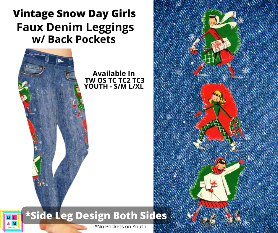 Vintage Snow Day Girls Full Length Faux Denim w/ Side Leg Designs