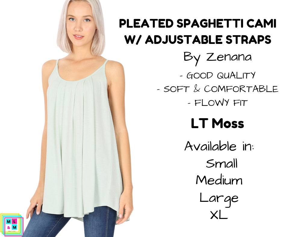 Pleated Spaghetti Strap Cami - LT Moss