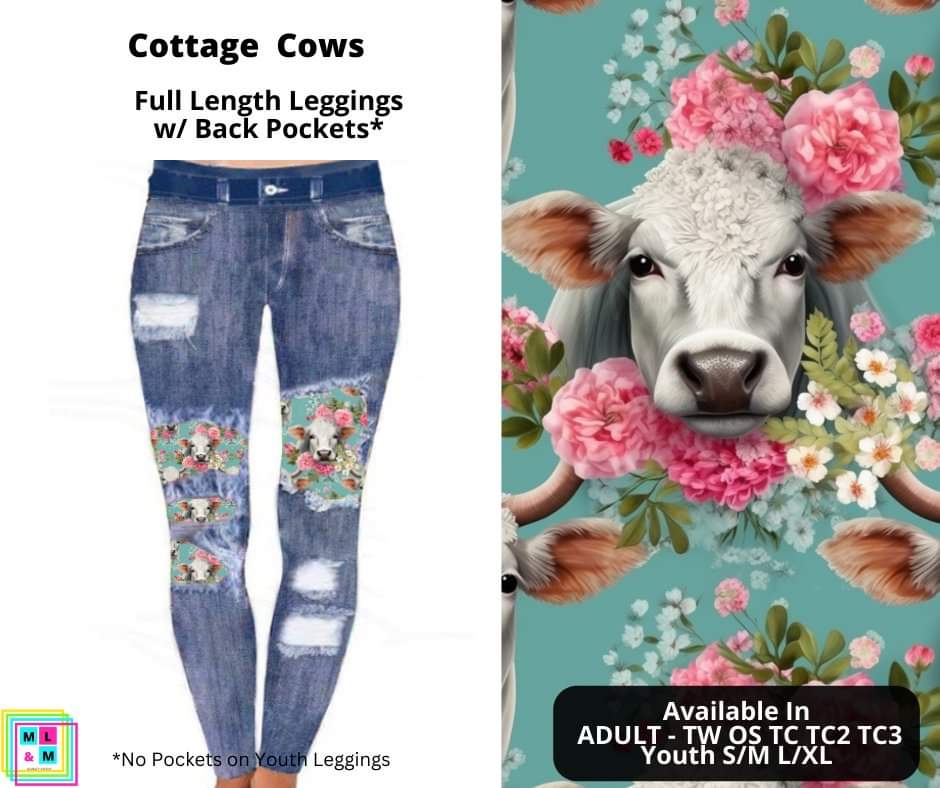 Cottage Cows Faux Denim Full Length Peekaboo Leggings