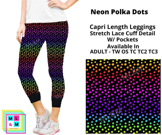 Neon Polka Dots Lace Cuff Capris w/ Pockets