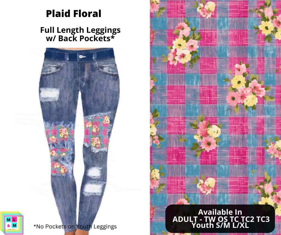 Plaid Floral Faux Denim Full Length Peekaboo Leggings