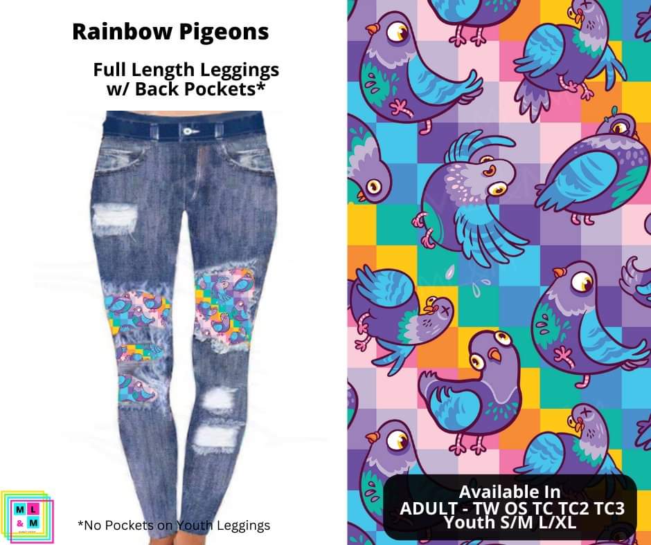 Rainbow Pigeons Faux Denim Full Length Peekaboo Leggings