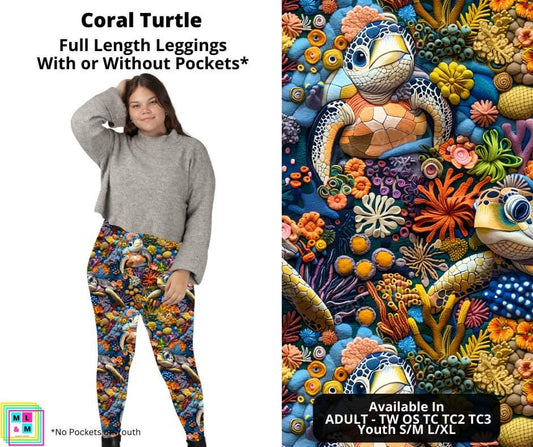 Coral Turtle Full Length Leggings w/ Pockets