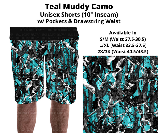 Preorder! Closes 11/27. ETA Feb. Teal Muddy Camo Unisex Shorts