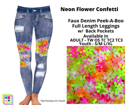 Neon Flower Confetti Faux Denim Full Length Peekaboo Leggings