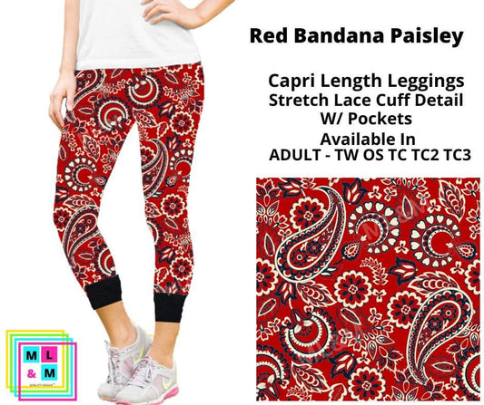 Red Bandana Paisley Lace Cuff Capris w/ Pockets