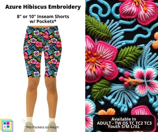 Azure Hibiscus Embroidery Shorts w/ Pockets