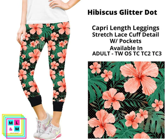 Hibiscus Glitter Dots Lace Cuff Capris w/ Pockets