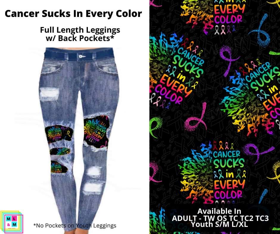 Cancer Sucks in Every Color Faux Denim Full Length Peekaboo Leggings