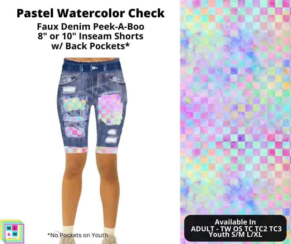 Pastel Watercolor Check Faux Denim Shorts w/ Back Pockets