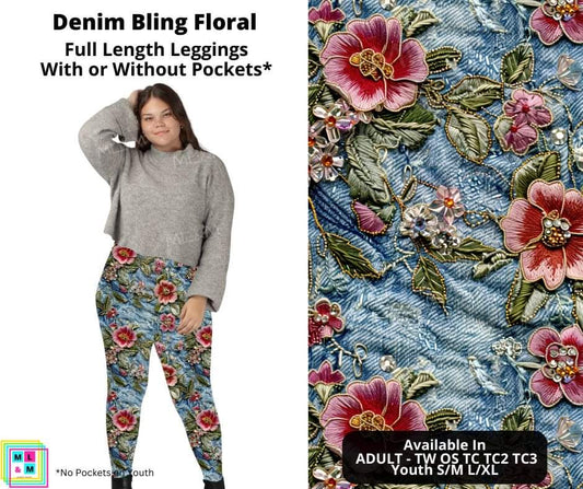 Denim Bling Floral Full Length Leggings w/ Pockets