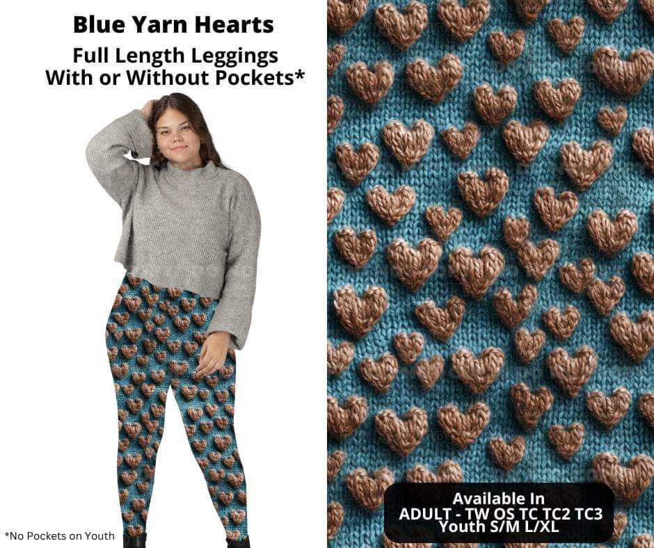 Preorder! Closes 11/4. ETA Jan. Blue Yarn Hearts Full Length Leggings w/wo Pockets