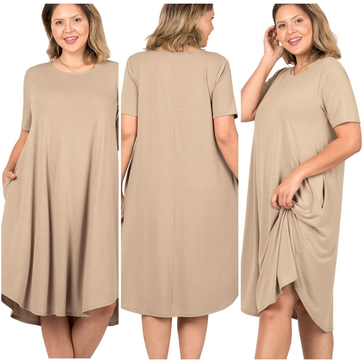 PLUS Short Sleeve Pocket Dress - Ash Mocha