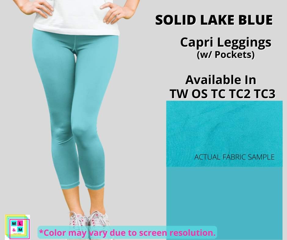 Solid Lake Blue Capri Leggings w/ Pockets