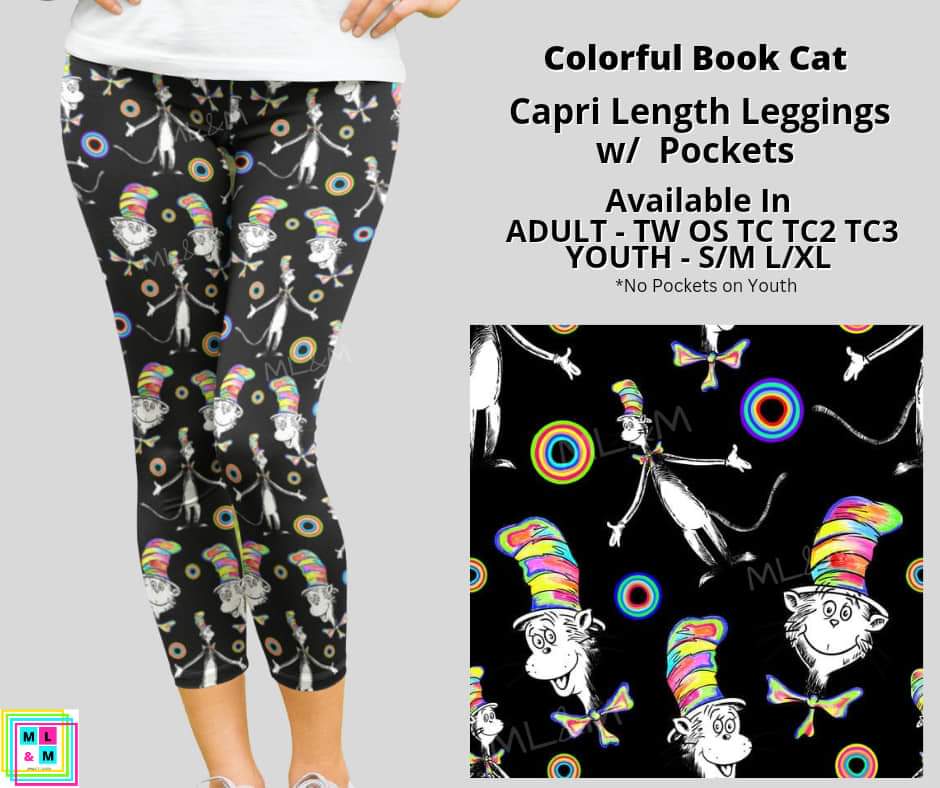 Colorful Book Cat Capri Length w/ Pockets