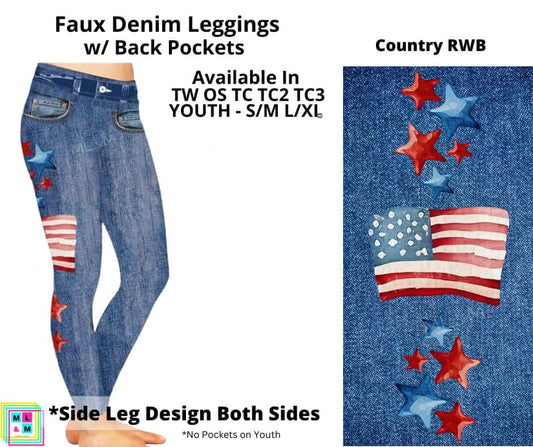 Country RWB Faux Denim w/ Side Leg Designs Full Length