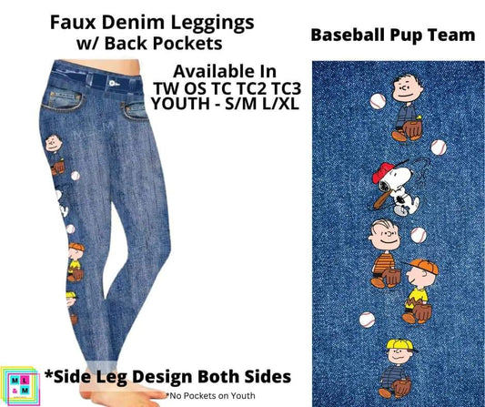 Baseball Pup Team Faux Denim w/ Side Leg Designs Full Length