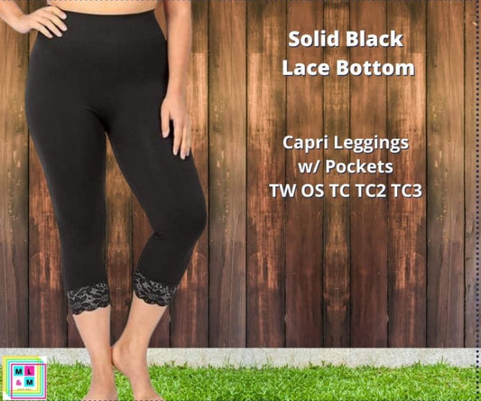 Black Lace Bottom Capri Leggings w/ Pockets